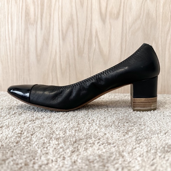 AGL Cap Toe Black Leather Pump Elastic Topline Block Heel - Picture 10 of 15